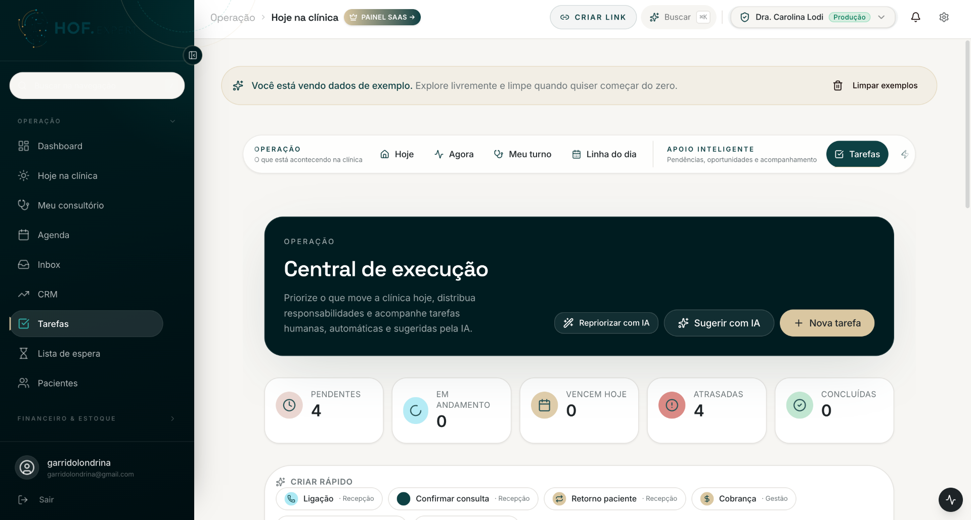 Central de execução — Tarefas humanas, automáticas e sugeridas pela IA