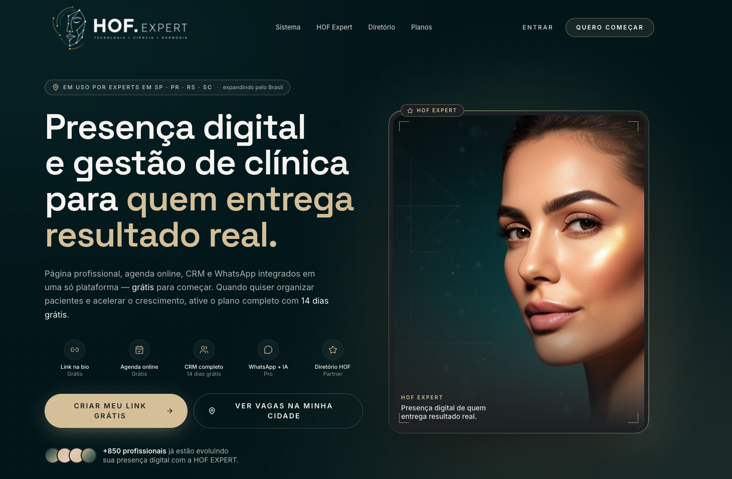 Landing HOF Expert com hero, planos e chamadas para HOF Link e vagas na cidade.